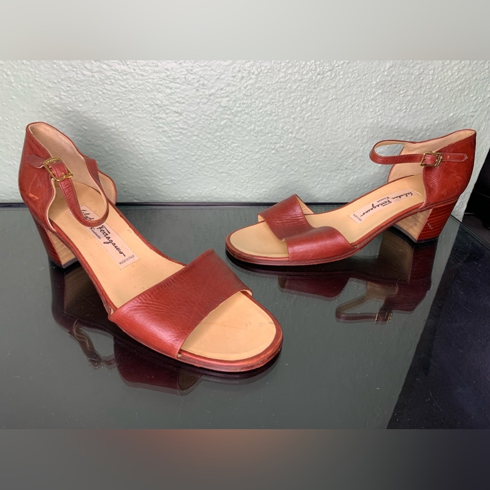 Salvatore Ferragamo Firenze Heel Sandals Brown Leather Ankle Strap Size 38